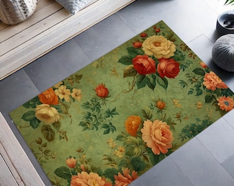Vintage-Style Floral Rug - Rustic Botanical Area Carpet Shabby Chic Home Decor - Soft Living Room Rug Cottagecore Aesthetic