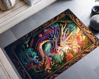 Mystical Medieval Dragon Rug, Dark Academia Fantasy Carpet, Enchanted Gothic Home Decor, Mythical Creature Floor Art, Castle Aesthetic Rug