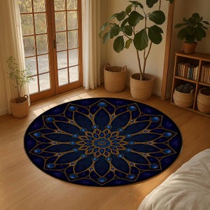 May include: A round, navy blue rug with a gold and blue floral design. The rug features a central medallion and a repeating pattern of stylized flowers and jewels. The rug is placed on a hardwood floor in a well-lit room.