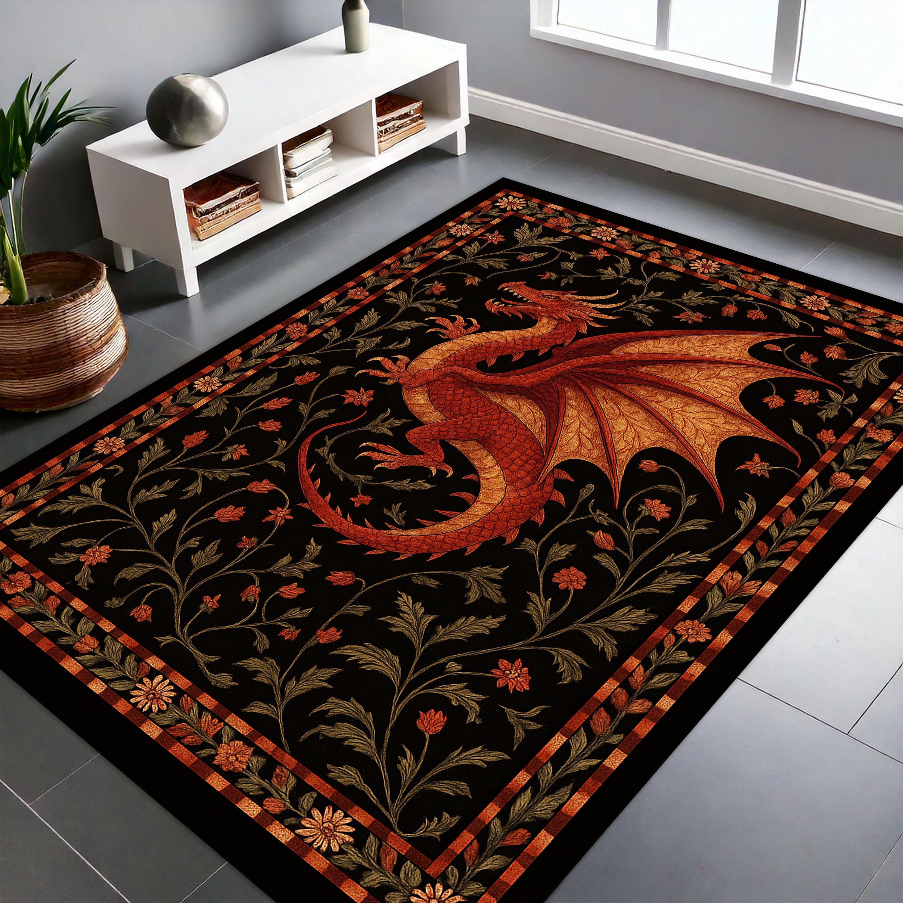 ヴィンテージ ぺルシャジュータン 花柄ドラゴンデザインラグ ドラゴン柄ラグ、ボーダー柄ラグ、ヴィンテージスタイルラグ、フラワー