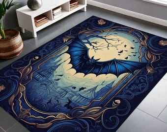 Gothic Rug For Goth Room Decor, Bat Rug For Witchy Room Decor, Dark Academia Rug For Dark Cottagecore Decor, Black Rug, Victorian Goth Decor