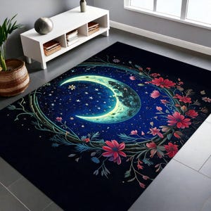 Crescent Moon & Wildflower Mandala Rug, Boho Lunar Floral Carpet, Mystical Moon Phase Round Rug, Celestial Nature-Inspired Home Decor