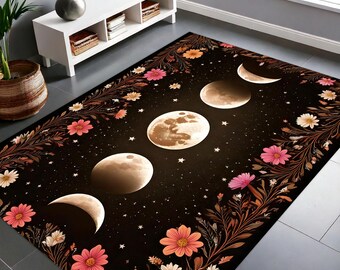 Gothic Full Moon Rug _ Witchy Dark Academia Area Rug _ Mystical Night & Moon Phase Decor _ Customizable Floral Rug for Indoor Spaces