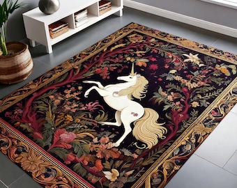 Enhörning i blommig matta, folklore-dekor, stugdekor, estetisk designmatta, älv-skogsdekor, magisk dekor