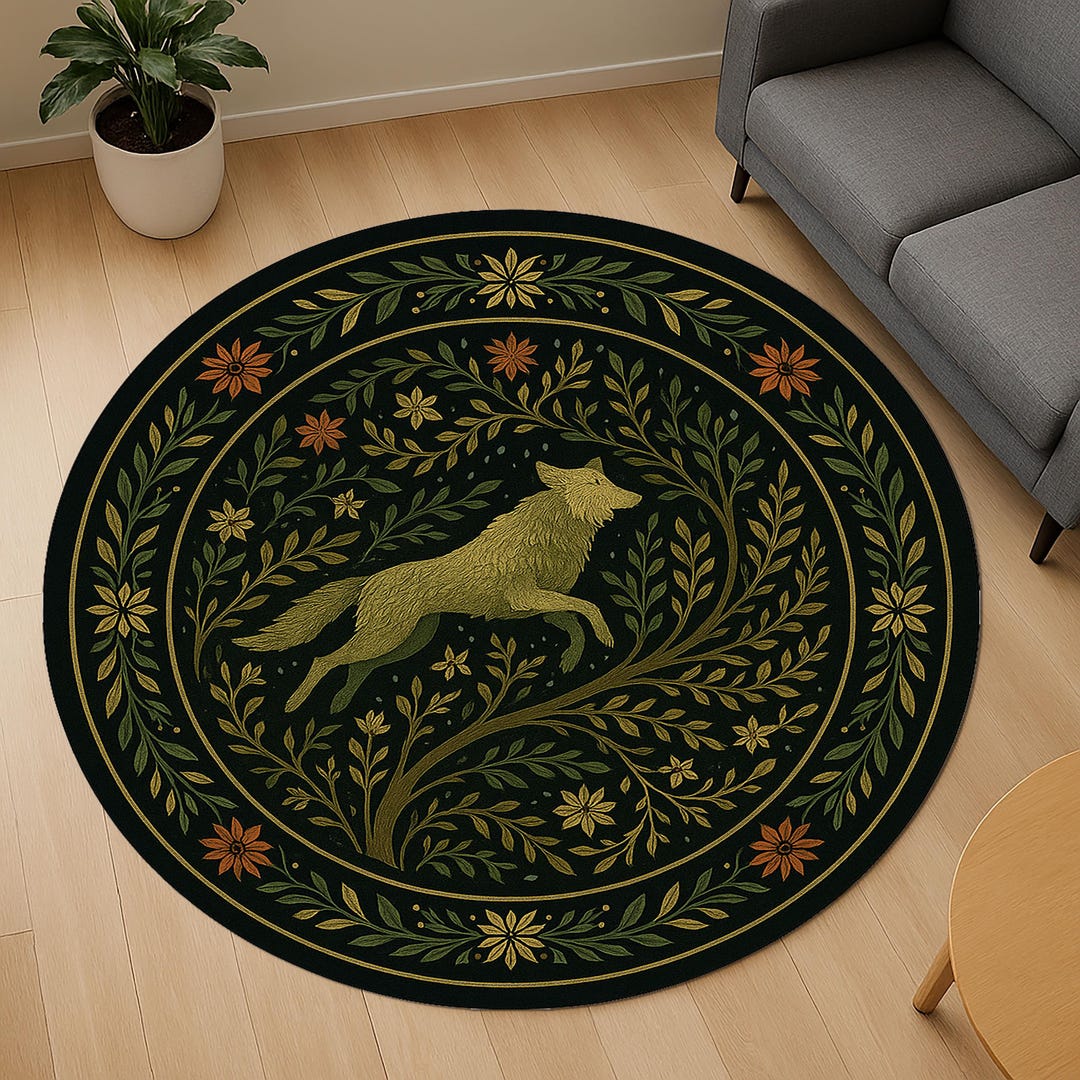 Wolf Rug Drawing Mystical Wolf Forest Round Rug, Dark Woodland Animal Area Rug ...