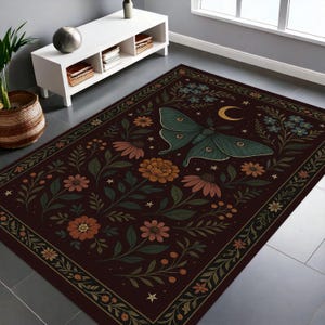 Mystical Luna Moth Rug, Botanical Floral Boho Area Rug, Moon Phase Nature Carpet, Dark Academia Decor Rug