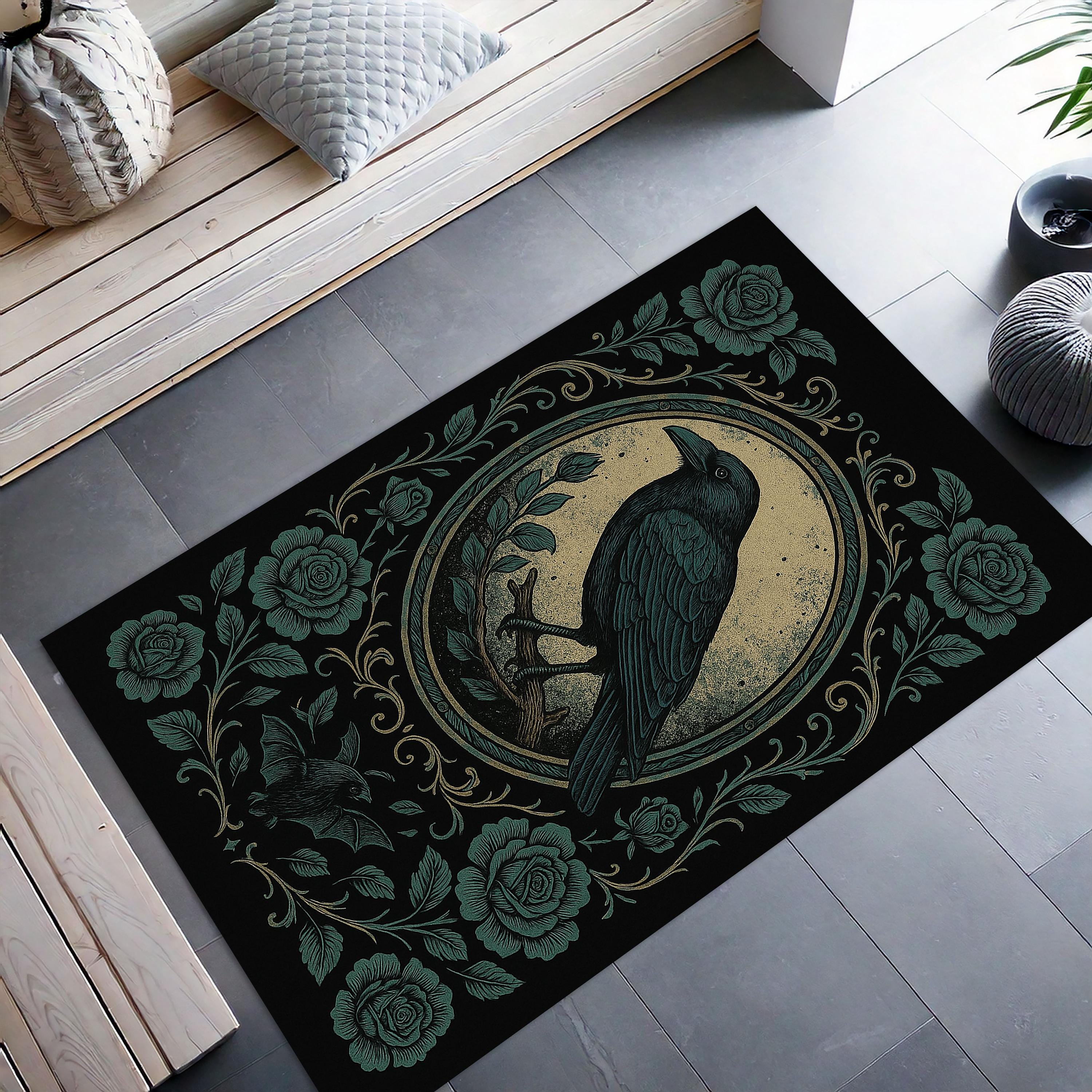 Mystical Crow Floral Rug, Teal Gothic Bird Area Rug, Romantic Occult ...
