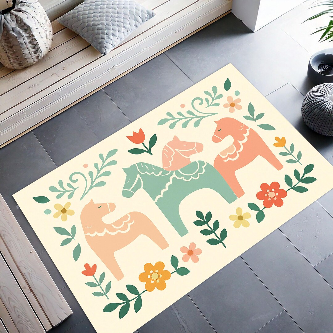 Dala Rugs Scandinavian Dala Horse Rug, Nordic Folk Art Area Rug, Pastel Floral ...