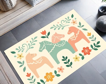 Scandinavian Dala Horse Rug, Nordic Folk Art Area Rug, Pastel Floral Boho Kids Room Carpet, Swedish Horse Decor