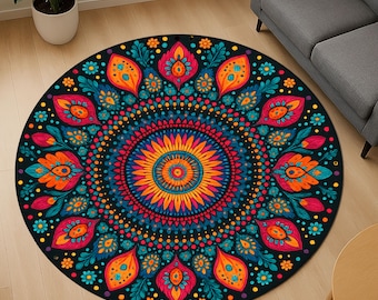 Orange and Teal Mandala Rug – Round Bohemian Psychedelic Floor Mat – Artistic Living Room Decor