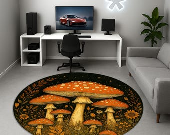 Golden Mushroom Forest Rug – Autumn Botanical Round Carpet – Nature Cottagecore Decor