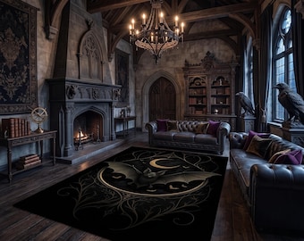 Bat Rug For Witchy Room Decor, Gothic Rug For Goth Room Decor, Dark Academia Rug For Dark Cottagecore Decor, Black Rug, Victorian Goth Decor