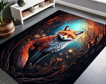 Alfombra gótica de zorro de bosque Forestcore con diseño de bosque oscuro, decoración de habitación gótica de estilo cottagegótico, alfombra de zorro de bosque místico de estética vintage, decoración floral de hadas