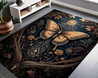 Celestial Cottagecore Blumen Motten Teppich Woodland Gothic Decor, Fairycore Wald Mondschein Schmetterling Kunst Whimsigothic Witchy Dark Botanicals Teppich