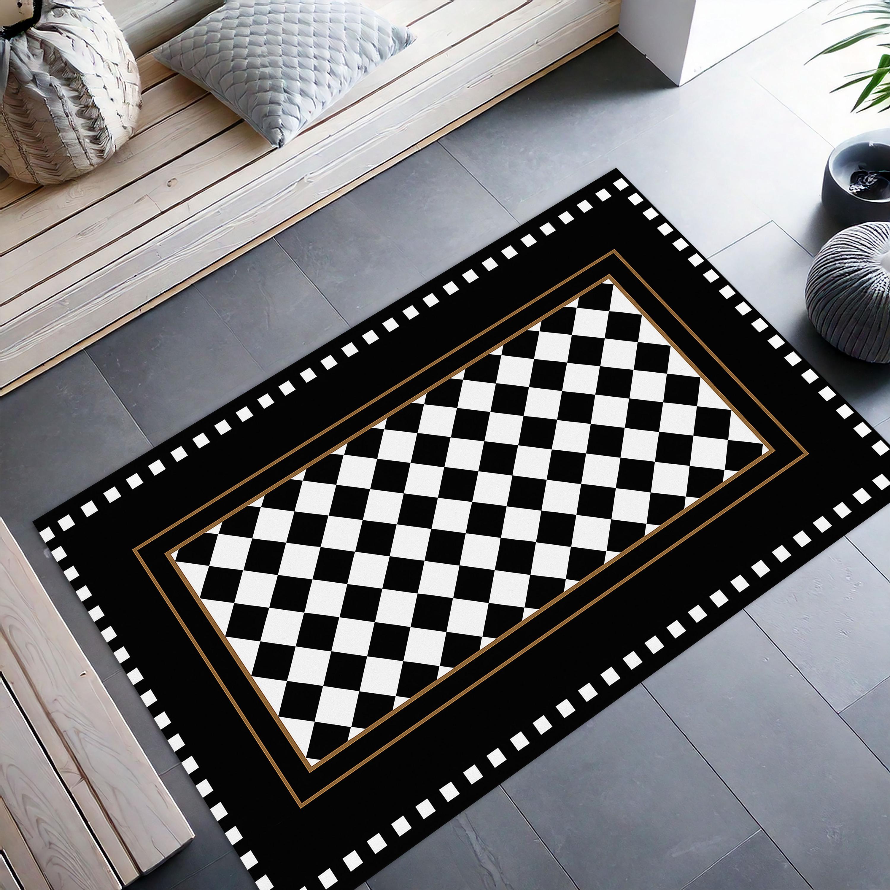 Checkered Rug, Black Border on Check Pattern, Black and White Rug for ...