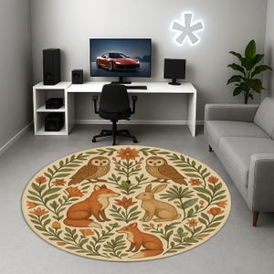Woodland Animals Round Rug – Fox Rabbit Owl Nature Carpet – Neutral Boho Nursery Rug – Cottagecore Forest Floor Decor