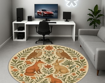 Runder Teppich mit Waldtieren - Fuchs Hase Eule Naturteppich - Neutraler Boho Teppich fürs Kinderzimmer - Cottagecore Waldbodendeko