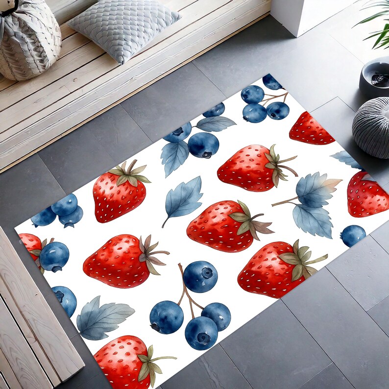 Watercolor Fruit Kitchen Rug – Cute Strawberry & Blueberry Design, Non ...