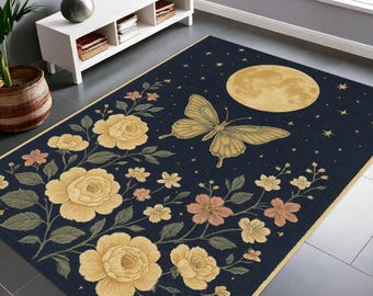 Nachttuintapijt, celestial moth & moon bloementapijt, Dark Mystic Night Sky-tapijt