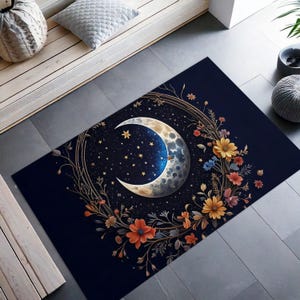 Crescent Moon & Wildflower Mandala Rug, Boho Lunar Floral Carpet, Mystical Moon Phase Round Rug, Celestial Nature-Inspired Home Decor