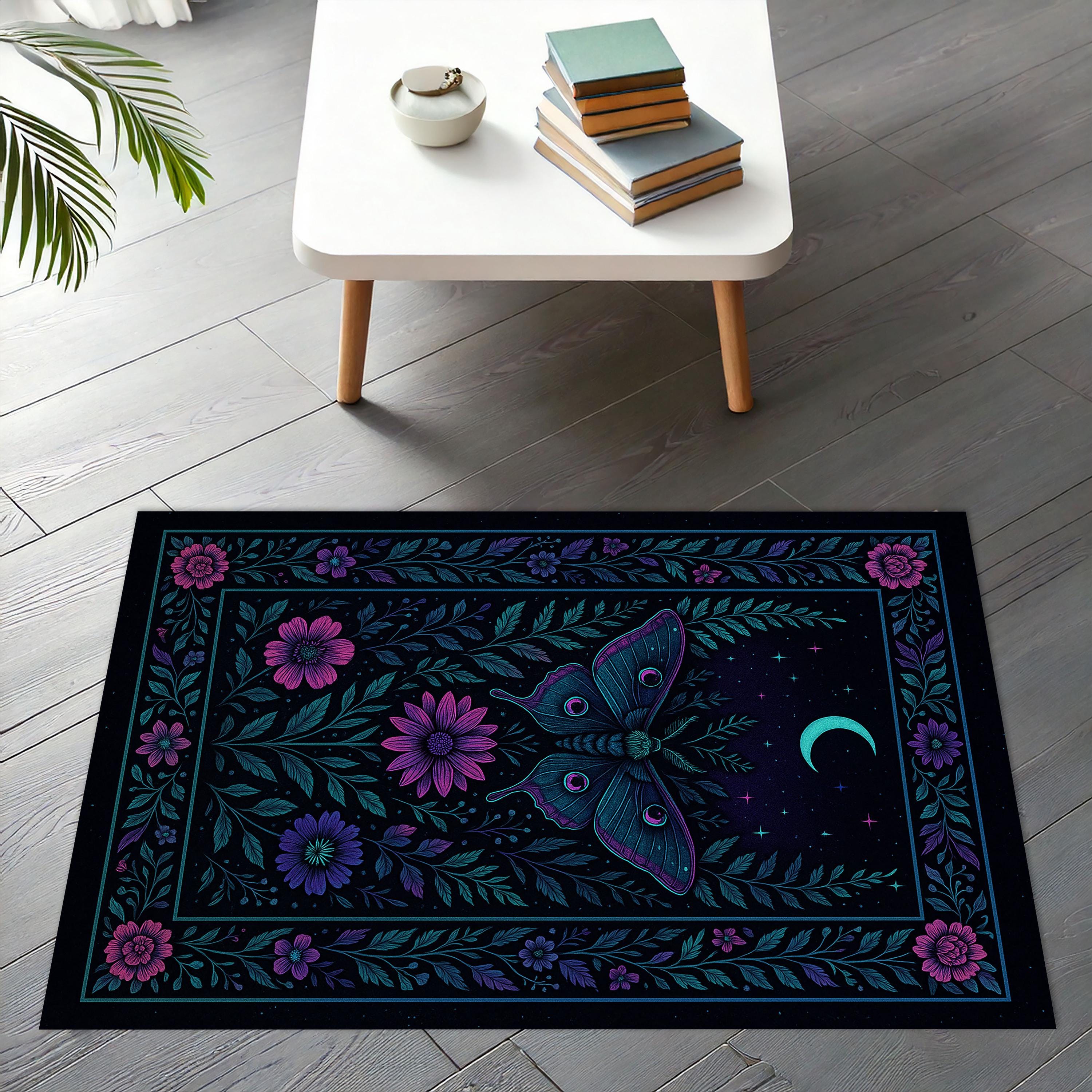 Celestial Moth Moon Rug, Neon Gothic Butterfly Area Rug, Psychedelic ...