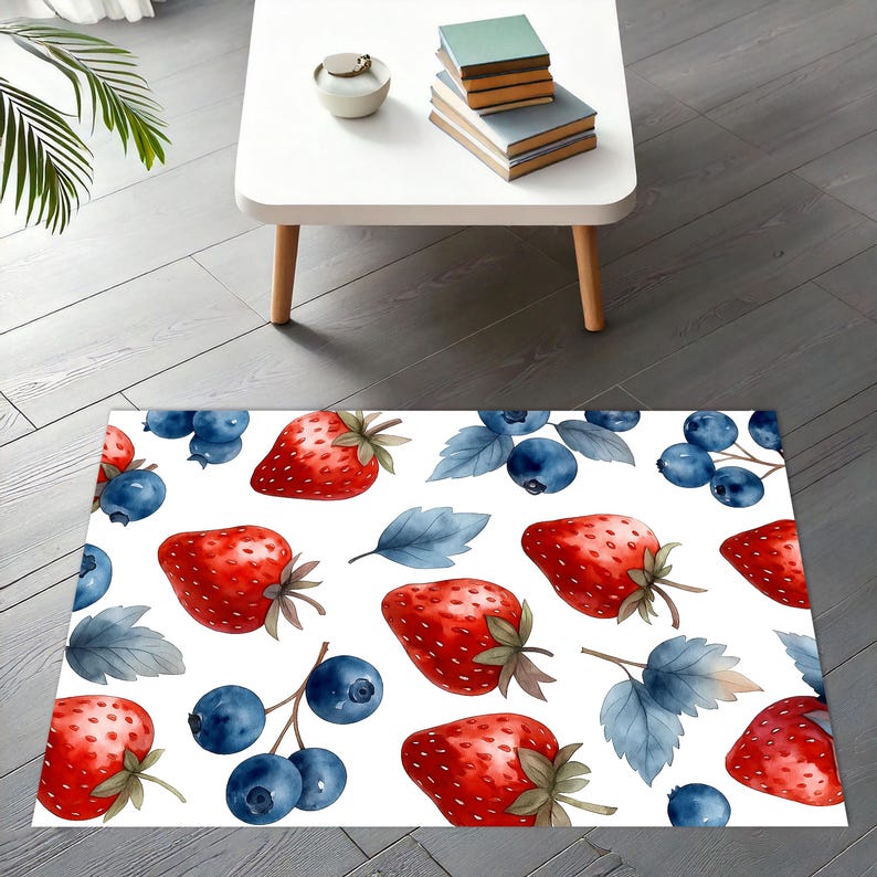 Watercolor Fruit Kitchen Rug – Cute Strawberry & Blueberry Design, Non ...