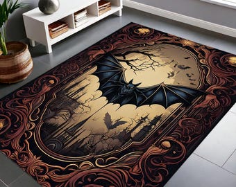 Gothic Rug For Goth Room Decor, Bat Rug For Witchy Room Decor, Dark Academia Rug For Dark Cottagecore Decor, Black Rug, Victorian Goth Decor