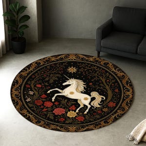 Unicorn in Floral Round Rug, Folklore Decor, Cottage Decor, Aesthetic Design Rug, Fairy Woodland Decor Magical Decor
