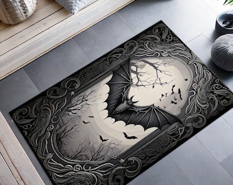 Gothic Rug For Goth Room Decor, Bat Rug For Witchy Room Decor, Dark Academia Rug For Dark Cottagecore Decor, Black Rug, Victorian Goth Decor