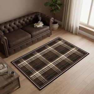 Equestrian Plaid and Snaffle Bit IndoorOutdoor Rug – Brown Tartan Check Horse Bit Pattern Area Rug for Rustic Farmhouse, Country Lodge