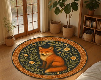 May include: An oval area rug featuring a detailed illustration of a fox. The rug has a dark blue background with a floral and leaf design in green and yellow. The fox is orange and white, with a detailed fur pattern.