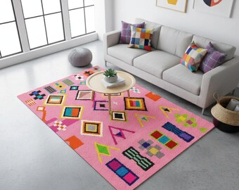 Pink Geometric Beni Ourain Rug, Custom, Moroccan Wool Area Rug, Pink Boho Chic Decorative Rug for Living Room or Bedroom