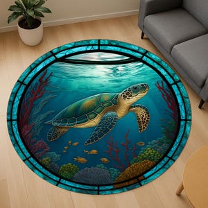May include: A circular rug with a sea turtle design, set against an underwater backdrop. The rug's border is teal, and the scene includes a turtle, coral, and fish in blue, green, and yellow hues. It's placed on a wooden floor.