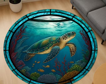 Caretta Caretta Round Rug, Caretta Patterned Rug, Sea Themed Round Rug, Ocean Rug, Turtle Rug, Animal Rug, Kids Room Rug