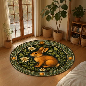 Rabbit Round Rug – Woodland Animal Carpet – Cute Bunny Kids Room Rug – Cottagecore Nature Decor – Forest Themed Animal Area Rug
