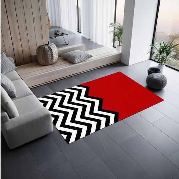Twin Peaks Rug, Twin Peaks Inspired Chevron Rug, Black White Red