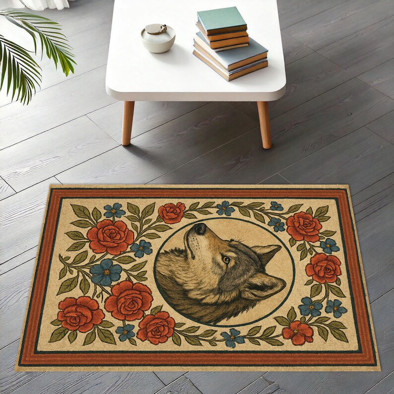 May include: Rectangular rug with a wolf illustration. The wolf is in a circular frame, surrounded by red roses, blue flowers, and green leaves. The rug has a tan background with a brown border.