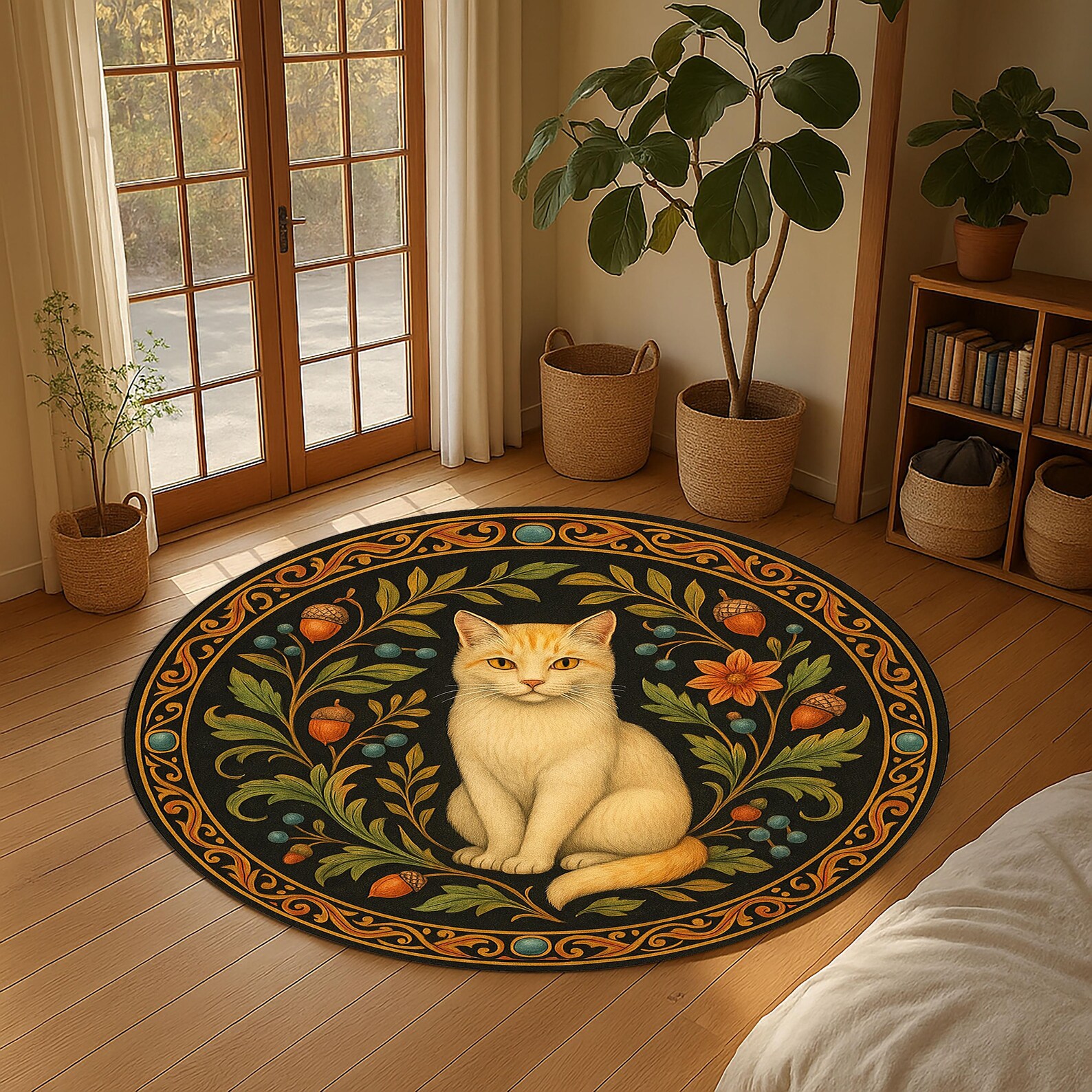 Cat Round Rug – Cream Kitty Area Carpet – Boho Animal Rug With Acorns ...