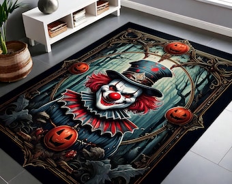 May include: A black and gold Halloween rug with a scary clown wearing a red and black jester hat and holding a jack-o-lantern. The clown is surrounded by a dark forest and jack-o-lanterns.