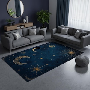 Tapis céleste ciel nocturne - Lune et étoiles bleu profond et or - Tapis inspiré de l'astrologie cosmique - Décoration d'intérieur mystique
