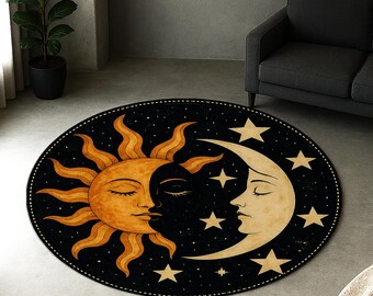Celestial Sun and Moon Round Rug – Boho Astrology Area Carpet, Mystical Starry Night Decor