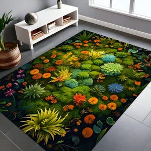 Botanical Moss Floral Rug, Colorful Nature-Inspired Carpet, Lush Greenery Aesthetic Rug, Enchanted Garden Floor Decor,  Floral Rug