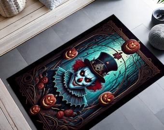 May include: A black and blue Halloween rug with a creepy clown wearing a top hat and holding a red balloon. The clown is surrounded by jack-o'-lanterns and bats. The rug has a dark, spooky forest background.