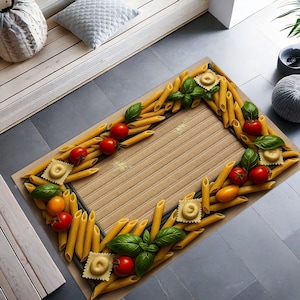 Italian Pasta Kitchen Rug - Realistic Pasta Tomato Design - Cozy Farmhouse & Foodie Kitchen Decor -Rustic Floor Mat