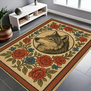 May include: Rectangular area rug with a beige background, featuring a wolf's head in a circular frame. The rug is decorated with red roses, blue flowers, and green leaves. A brown border frames the design.