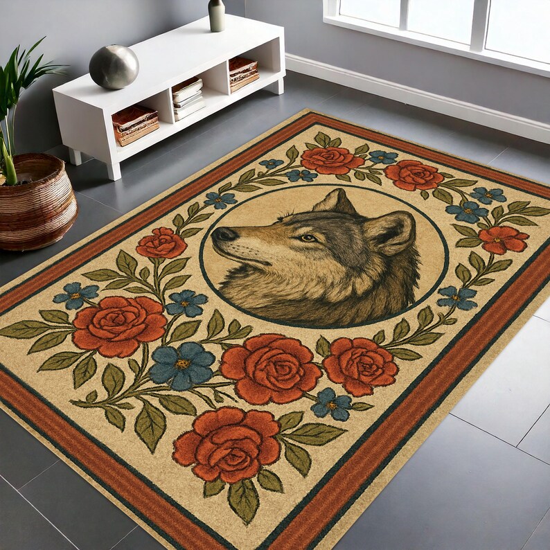 May include: Rectangular area rug with a beige background, featuring a wolf's head in a circular frame. The rug is decorated with red roses, blue flowers, and green leaves. A brown border frames the design.