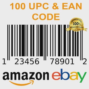 May include: A black and white barcode with the text "100 UPC & EAN CODE". Below the barcode are the logos for Amazon and eBay. A gold seal with the text "100% Guaranteed" is in the upper right corner.