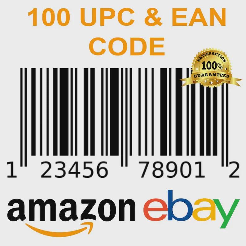 Pode incluir: Um c&oacute;digo de barras a preto e branco com o texto "100 UPC & EAN CODE". Abaixo do c&oacute;digo de barras est&atilde;o os logotipos da Amazon e do eBay. Um selo dourado com o texto "100% Garantido" est&aacute; no canto superior direito.