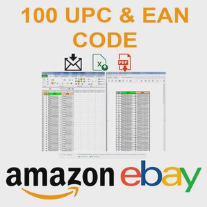 Pode incluir: Imagem com o texto "100 UPC & EAN CODE" em laranja. Abaixo do texto, h&aacute; &iacute;cones para e-mail, arquivo e PDF. Duas planilhas s&atilde;o exibidas, com os logotipos da Amazon e do eBay na parte inferior.