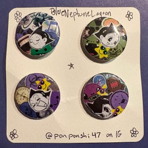 May include: Four circular badges with vibrant cartoon illustrations. Each badge displays a unique collage of images, including a cartoon character, stars, and other graphics. The text "Blue Neptune Lagoon" and "@pon ponshi 47 on IG" are visible.